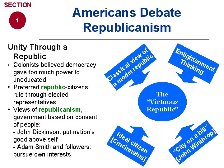 SECTION 1 Americans Debate Republicanism Unity Through a Republic • Colonists believed democracy gave