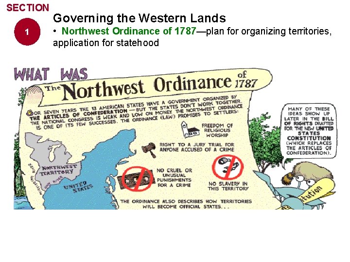 SECTION 1 Governing the Western Lands • Northwest Ordinance of 1787—plan for organizing territories,