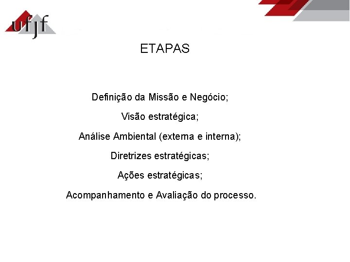 ETAPAS Definição da Missão e Negócio; Visão estratégica; Análise Ambiental (externa e interna); Diretrizes