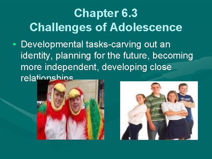 Chapter 6. 3 Challenges of Adolescence • Developmental tasks-carving out an identity, planning for