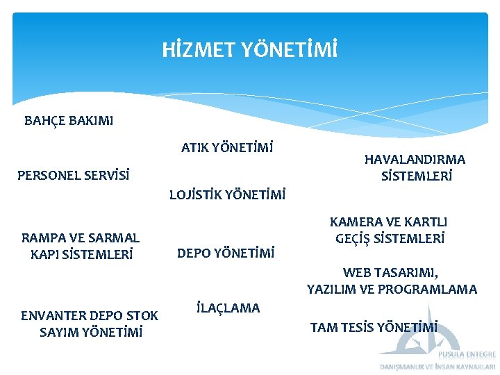 HİZMET YÖNETİMİ BAHÇE BAKIMI ATIK YÖNETİMİ PERSONEL SERVİSİ HAVALANDIRMA SİSTEMLERİ LOJİSTİK YÖNETİMİ RAMPA VE