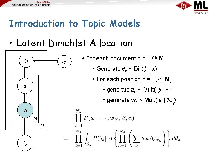 Introduction to Topic Models • Latent Dirichlet Allocation • For each document d =