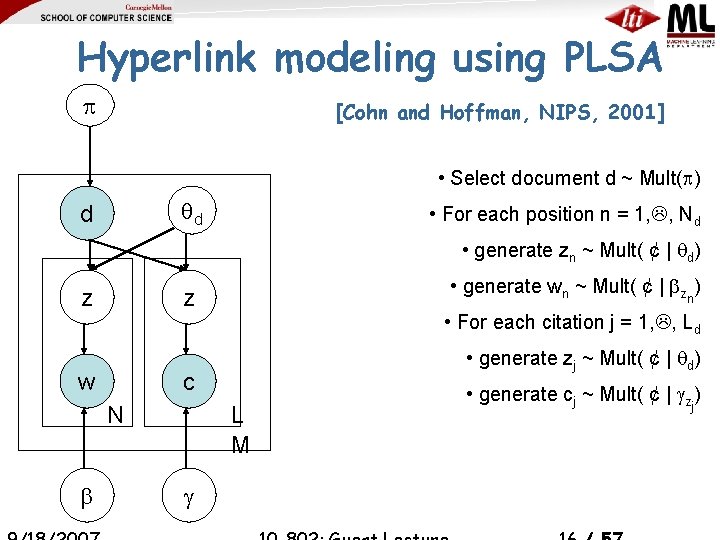 Hyperlink modeling using PLSA [Cohn and Hoffman, NIPS, 2001] • Select document d ~