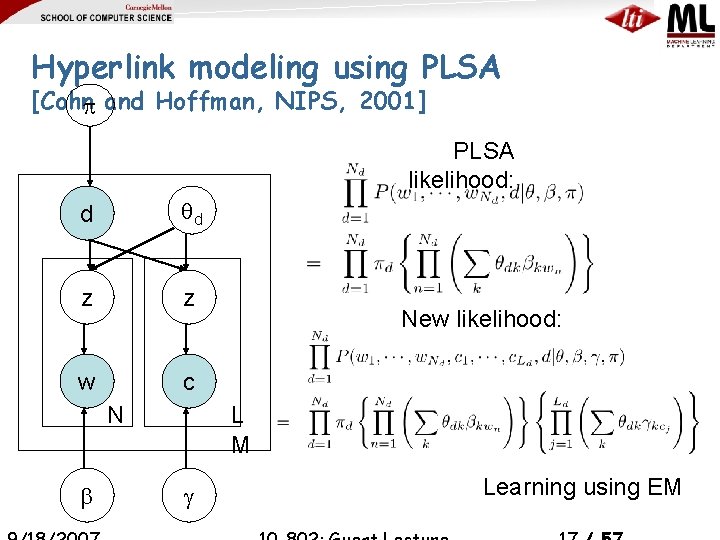 Hyperlink modeling using PLSA [Cohn and Hoffman, NIPS, 2001] PLSA likelihood: d d z