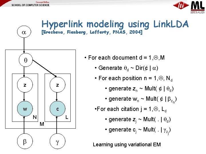 Hyperlink modeling using Link. LDA [Erosheva, Fienberg, Lafferty, PNAS, 2004] • For each document