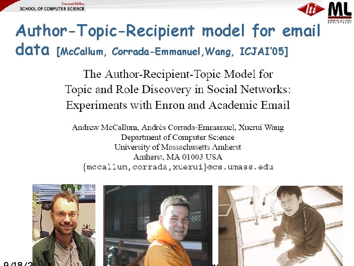 Author-Topic-Recipient model for email data [Mc. Callum, Corrada-Emmanuel, Wang, ICJAI’ 05] 