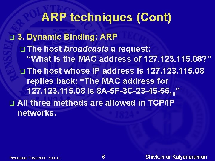 ARP techniques (Cont) 3. Dynamic Binding: ARP q The host broadcasts a request: “What