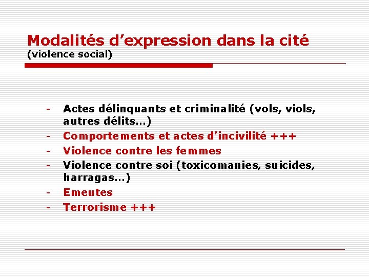 Modalités d’expression dans la cité (violence social) - Actes délinquants et criminalité (vols, viols,