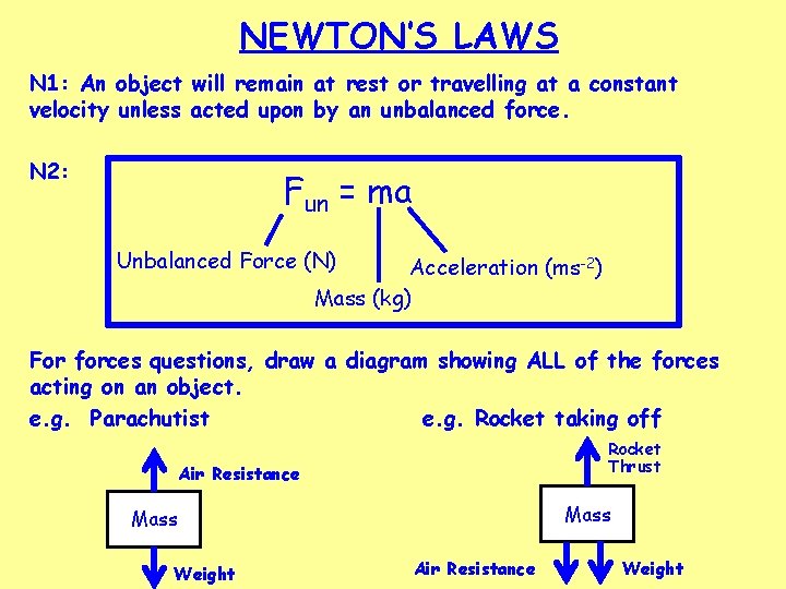 NEWTON’S LAWS N 1: An object will remain at rest or travelling at a