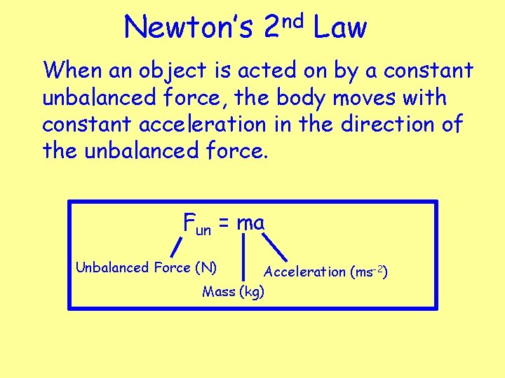 Newton’s nd 2 Law When an object is acted on by a constant unbalanced