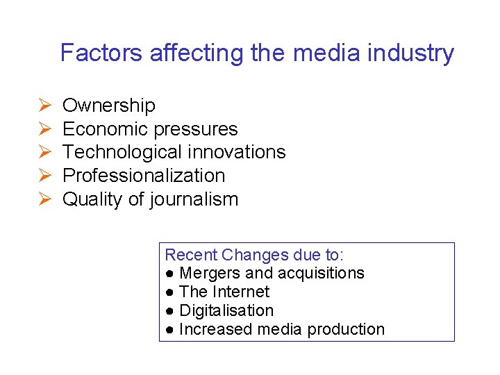 Factors affecting the media industry Ø Ø Ø Ownership Economic pressures Technological innovations Professionalization