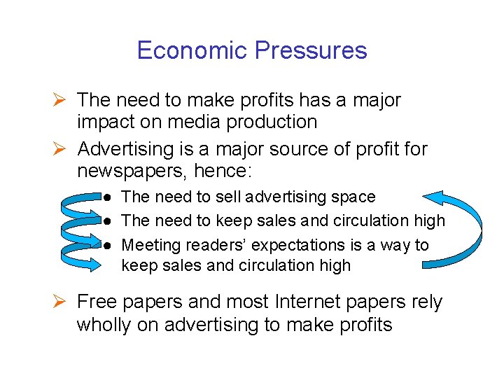 Economic Pressures Ø The need to make profits has a major impact on media