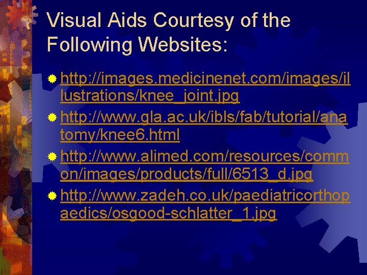 Visual Aids Courtesy of the Following Websites: ® http: //images. medicinenet. com/images/il lustrations/knee_joint. jpg