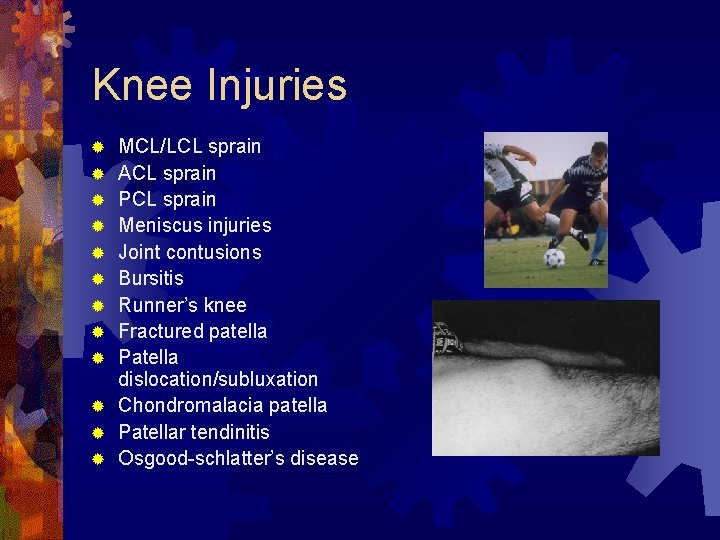 Knee Injuries ® ® ® MCL/LCL sprain ACL sprain PCL sprain Meniscus injuries Joint