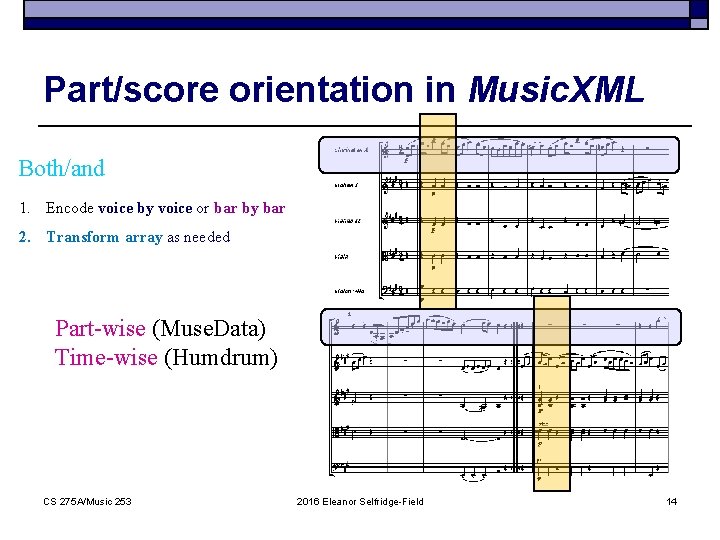 Part/score orientation in Music. XML Both/and 1. Encode voice by voice or bar by
