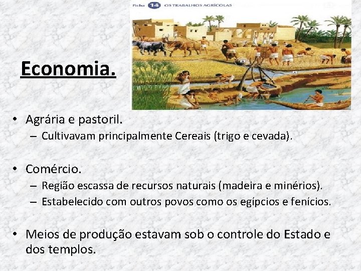 Economia. • Agrária e pastoril. – Cultivavam principalmente Cereais (trigo e cevada). • Comércio.