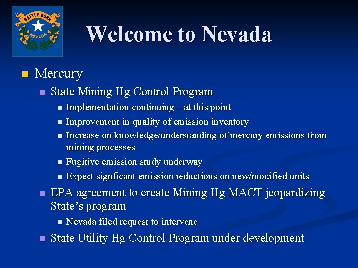 Welcome to Nevada n Mercury n State Mining Hg Control Program n n n