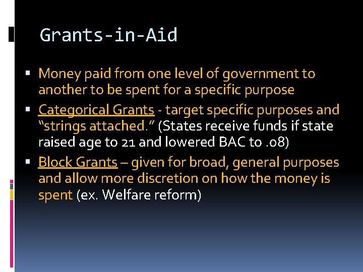 Grants-in-Aid Money paid from one level of government to another to be spent for