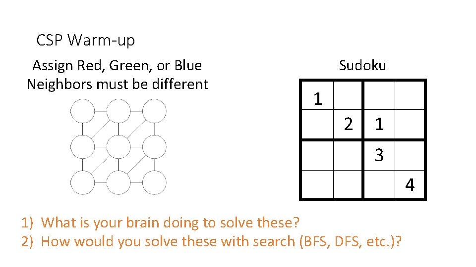 CSP Warm-up Assign Red, Green, or Blue Neighbors must be different Sudoku 1 2 CSP Warm-up Assign Red, Green, or Blue Neighbors must be different Sudoku 1 2