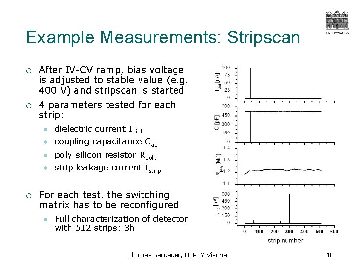 Example Measurements: Stripscan ¡ After IV-CV ramp, bias voltage is adjusted to stable value