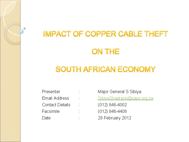 IMPACT OF COPPER CABLE THEFT ON THE SOUTH AFRICAN ECONOMY Presenter : Major General