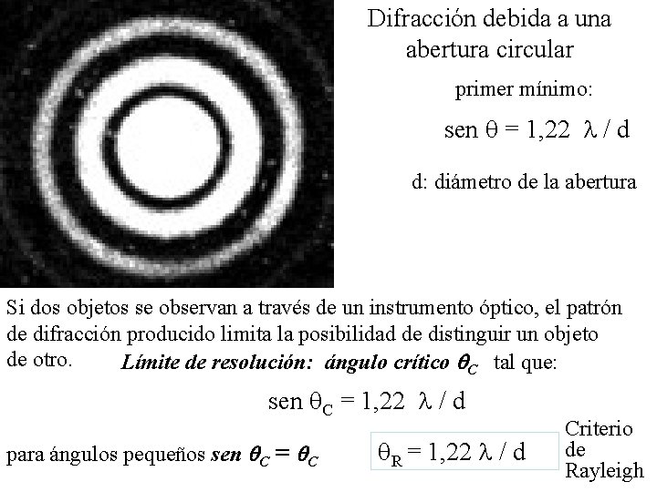 Difracción debida a una abertura circular primer mínimo: sen = 1, 22 / d