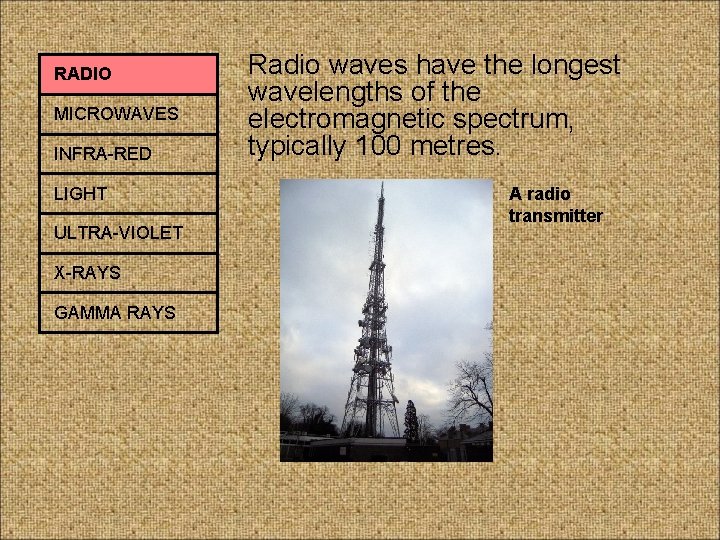 RADIO MICROWAVES INFRA-RED LIGHT ULTRA-VIOLET X-RAYS GAMMA RAYS Radio waves have the longest wavelengths