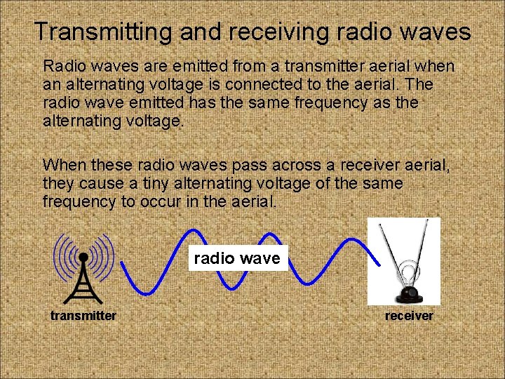 Transmitting and receiving radio waves Radio waves are emitted from a transmitter aerial when