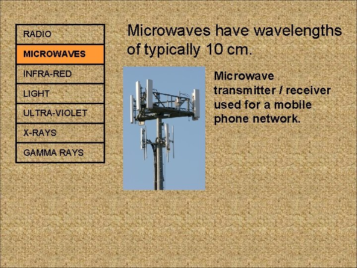 RADIO MICROWAVES INFRA-RED LIGHT ULTRA-VIOLET X-RAYS GAMMA RAYS Microwaves have wavelengths of typically 10