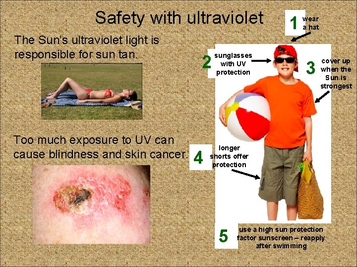Safety with ultraviolet The Sun’s ultraviolet light is responsible for sun tan. Too much