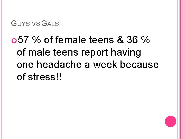 GUYS VS GALS! 57 % of female teens & 36 % of male teens