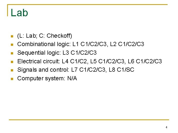 Lab n n n (L: Lab; C: Checkoff) Combinational logic: L 1 C 1/C