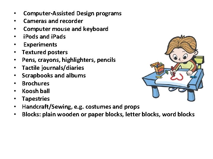  • • • • Computer-Assisted Design programs Cameras and recorder Computer mouse and