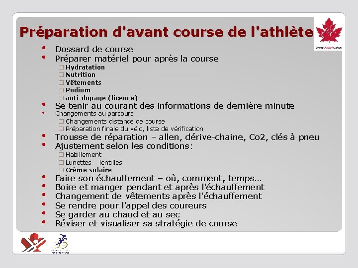 Préparation d'avant course de l'athlète • Dossard de course • Préparer matériel pour après