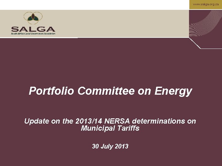 www. salga. org. za Portfolio Committee on Energy Update on the 2013/14 NERSA determinations