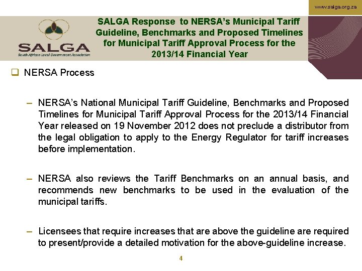 www. salga. org. za SALGA Response to NERSA’s Municipal Tariff Guideline, Benchmarks and Proposed