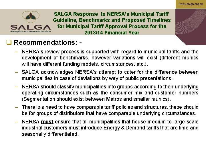 www. salga. org. za SALGA Response to NERSA’s Municipal Tariff Guideline, Benchmarks and Proposed
