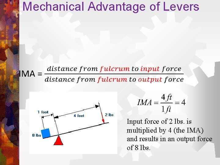 Mechanical Advantage of Levers Input force of 2 lbs. is multiplied by 4 (the