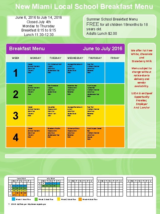 New Miami Local School Breakfast Menu June 6, 2016 to July 14, 2016 Closed