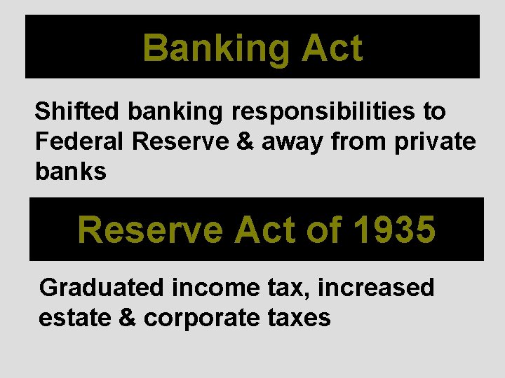 Banking Act Shifted banking responsibilities to Federal Reserve & away from private banks Reserve