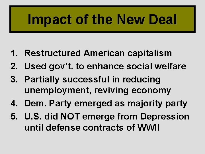 Impact of the New Deal 1. Restructured American capitalism 2. Used gov’t. to enhance