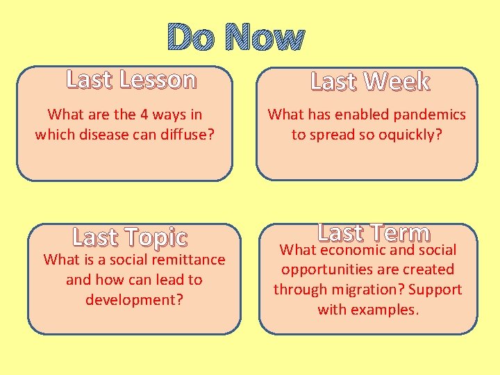 Do Now Last Lesson Last Week What are the 4 ways in which disease