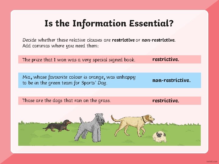 Is the Information Essential? Decide whether these relative clauses are restrictive or non-restrictive. Add