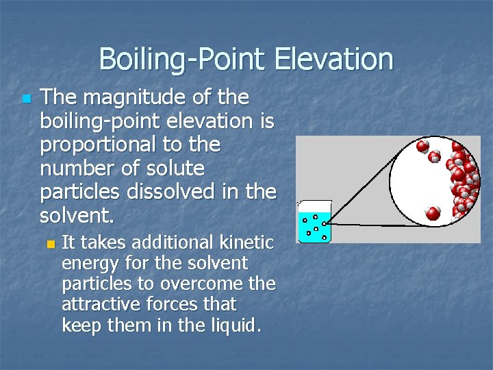 Boiling-Point Elevation n The magnitude of the boiling-point elevation is proportional to the number