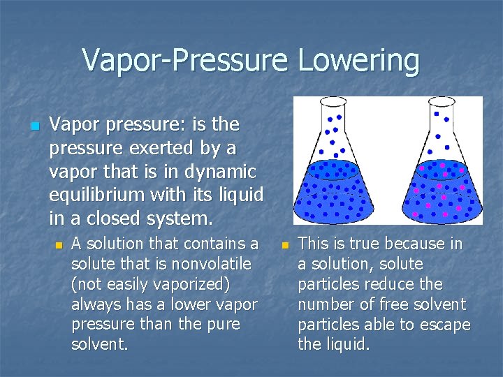 Vapor-Pressure Lowering n Vapor pressure: is the pressure exerted by a vapor that is