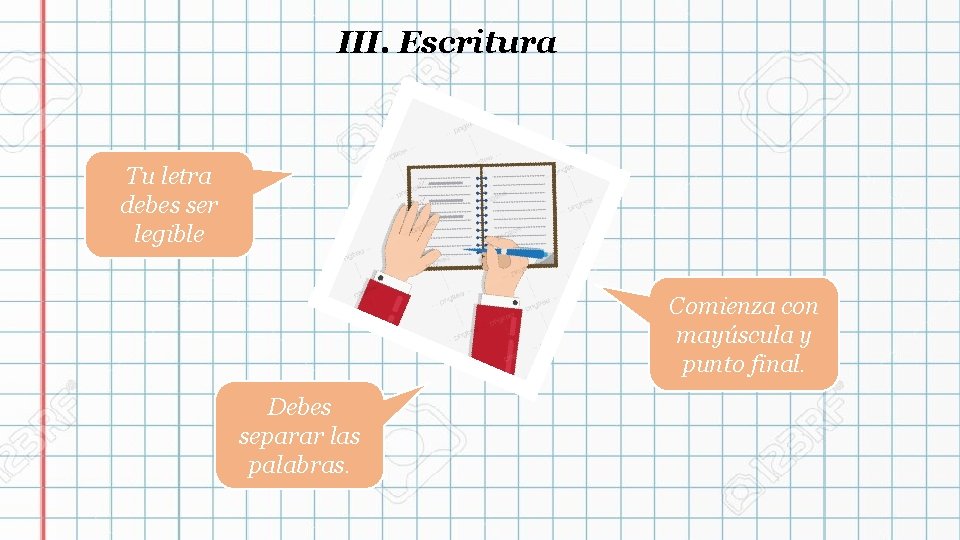 III. Escritura Tu letra debes ser legible Comienza con mayúscula y punto final. Debes