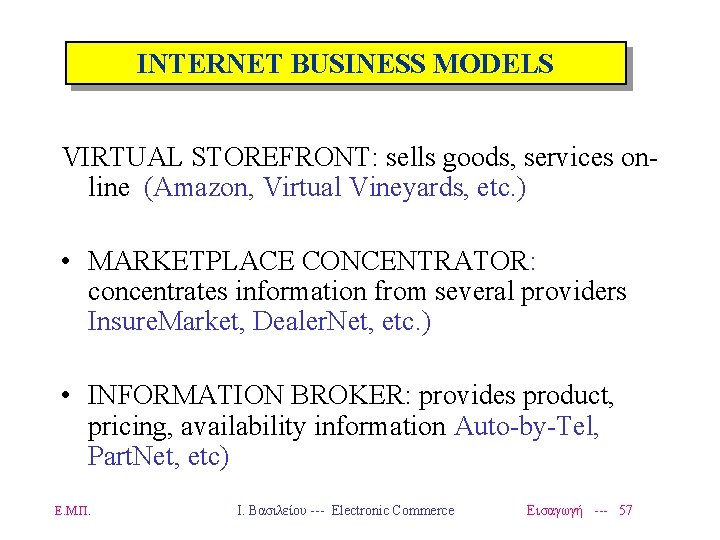 INTERNET BUSINESS MODELS VIRTUAL STOREFRONT: sells goods, services online (Amazon, Virtual Vineyards, etc. )