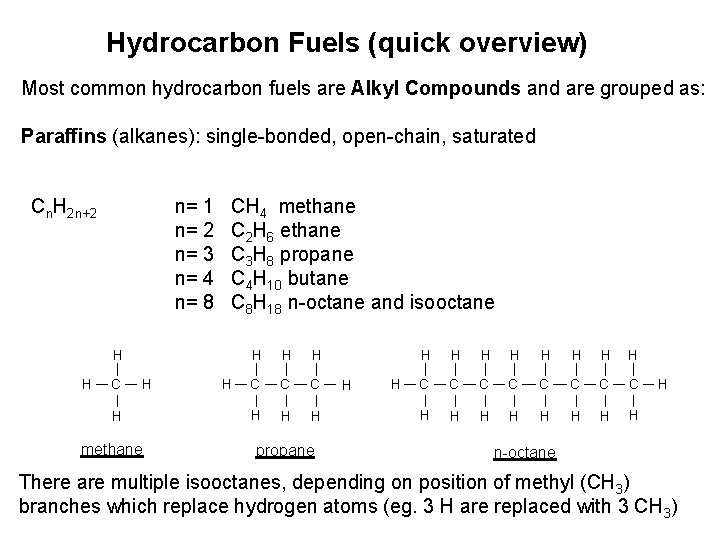 Hydrocarbon Fuels (quick overview) Most common hydrocarbon fuels are Alkyl Compounds and are grouped