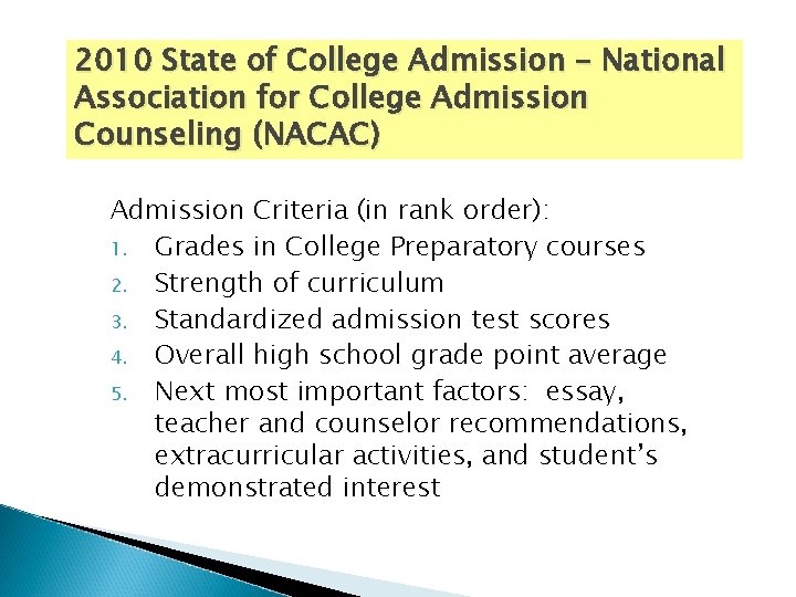 2010 State of College Admission – National Association for College Admission Counseling (NACAC) Admission