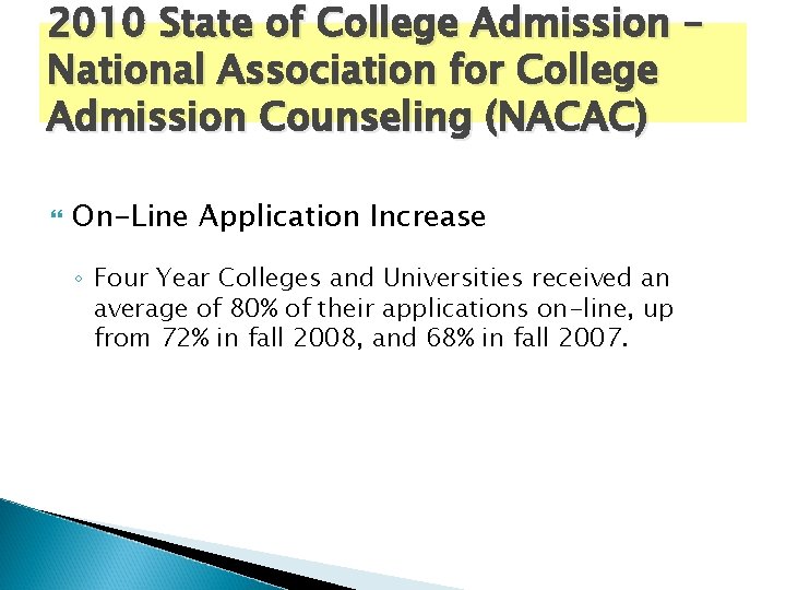 2010 State of College Admission – National Association for College Admission Counseling (NACAC) On-Line